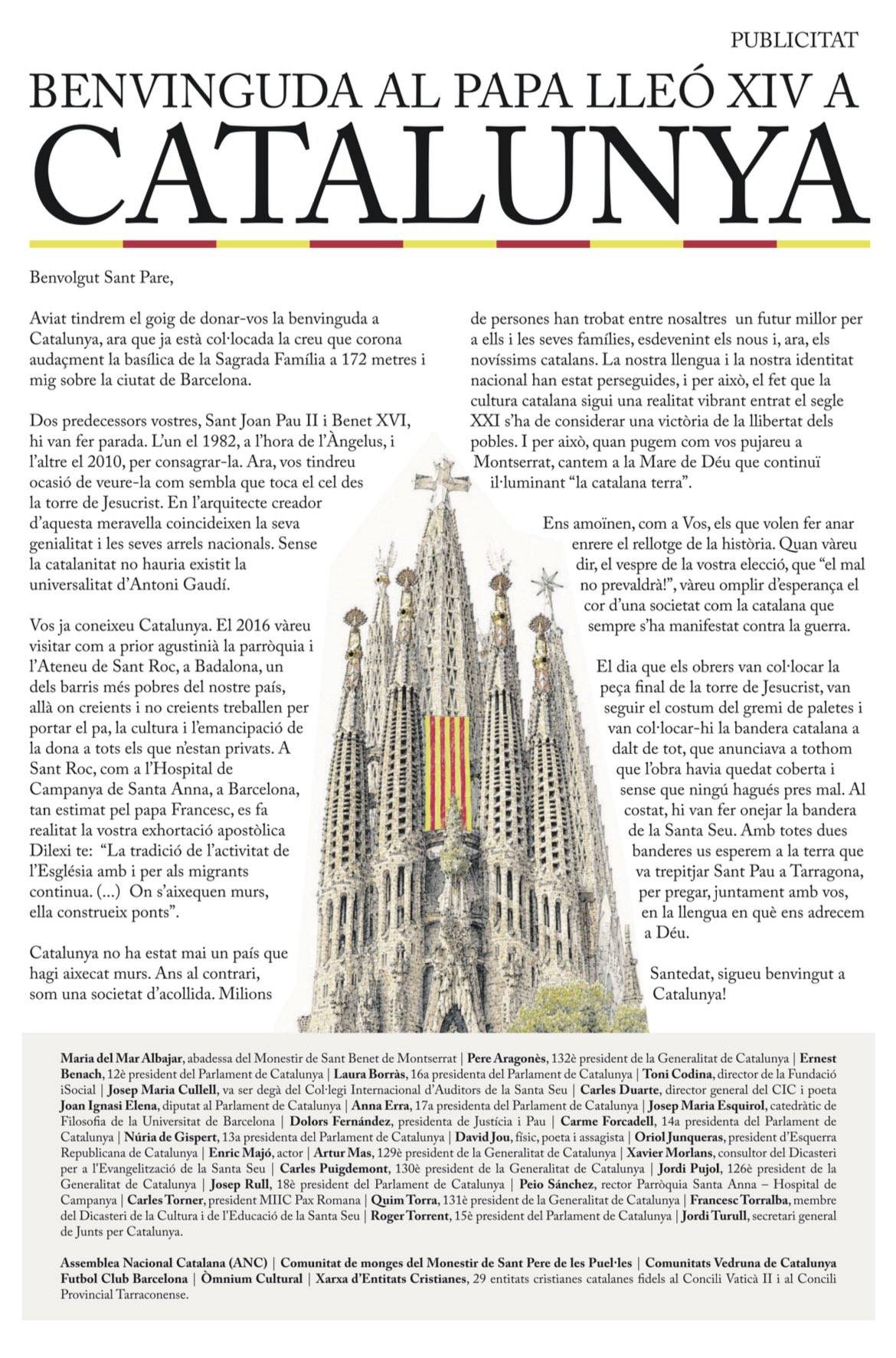 La carta dels expresidents de la Generalitat, del Parlament, de líders polítics i entitats al Papa