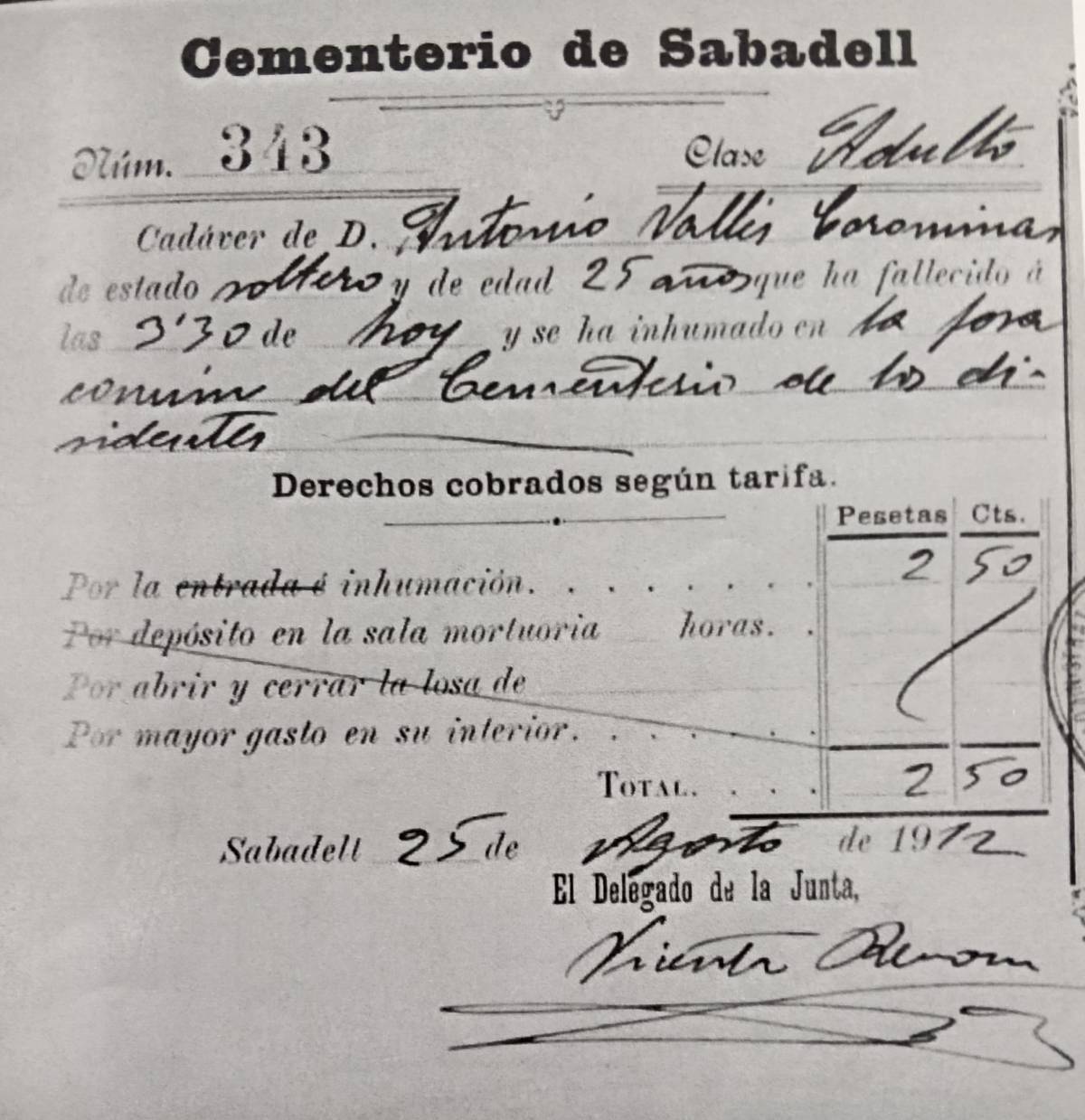 Certificat d’enterrament d’Antoni Vallès - CEDIDA