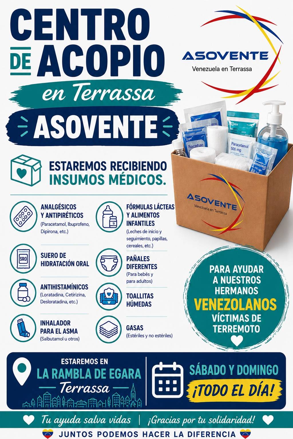 Cartell de la col·lecta d'ajuda humantària per Veneçuela a Terrassa - ASOVENTE