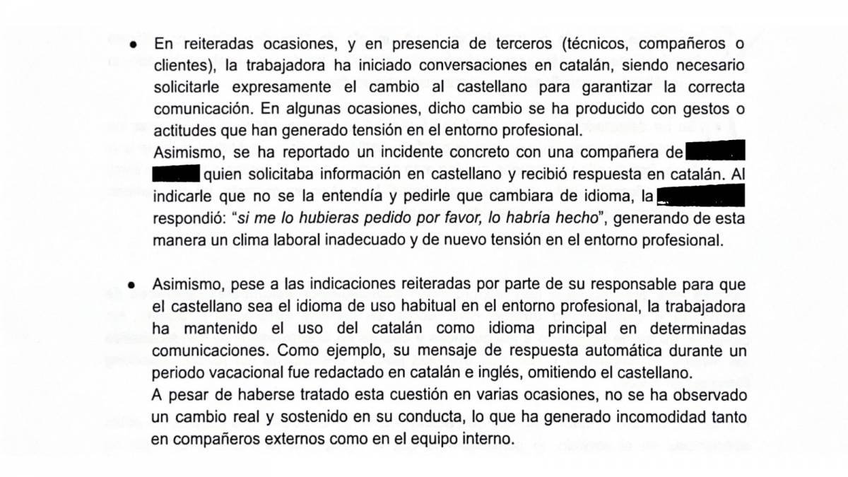 La carta d`acomiadament en què es retreu l`ús del català