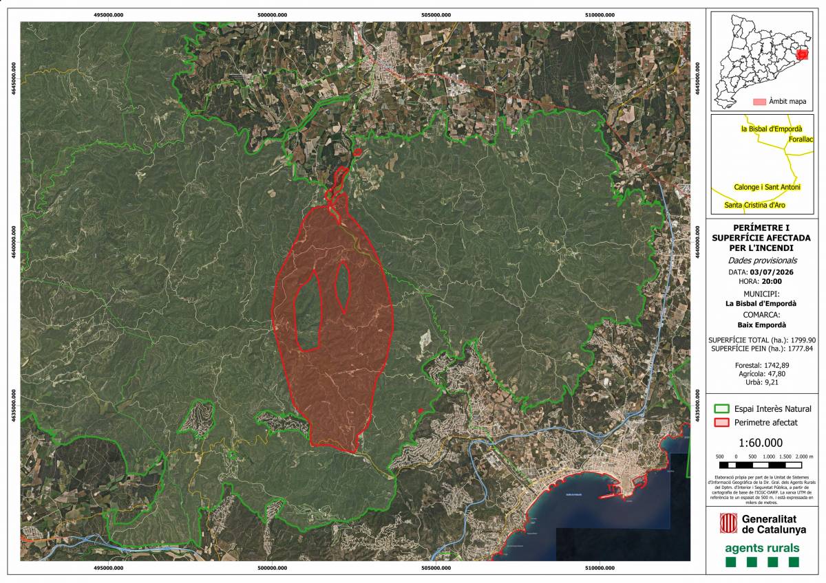 Àrea cremada fins a les 20.00 d`aquest divendres per l`incendi de les Gavarres