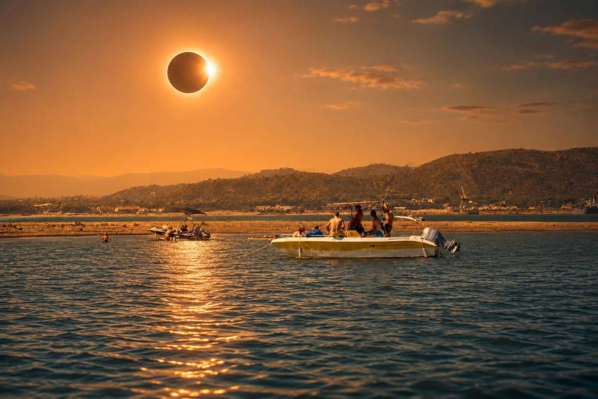 Imatge feta amb IA per promocionar sortides per veure l`eclipsi des de la badia dels Alfacs.