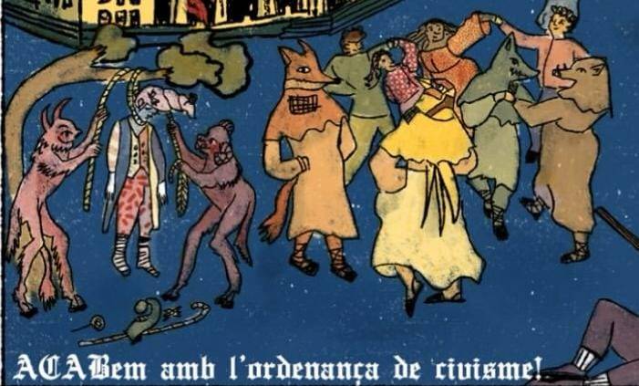 Polèmica pel cartell de Barraques: l'Ajuntament, Sant Fèlix i un cotxe policial en flames, i el Llaminer penjat d'un arbre