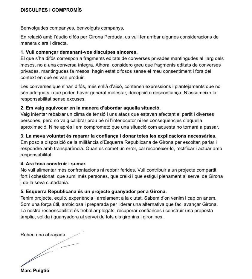 La carta de Puigtió a la militància d`ERC a Girona - La carta de Puigtió a la militància d`ERC a Girona