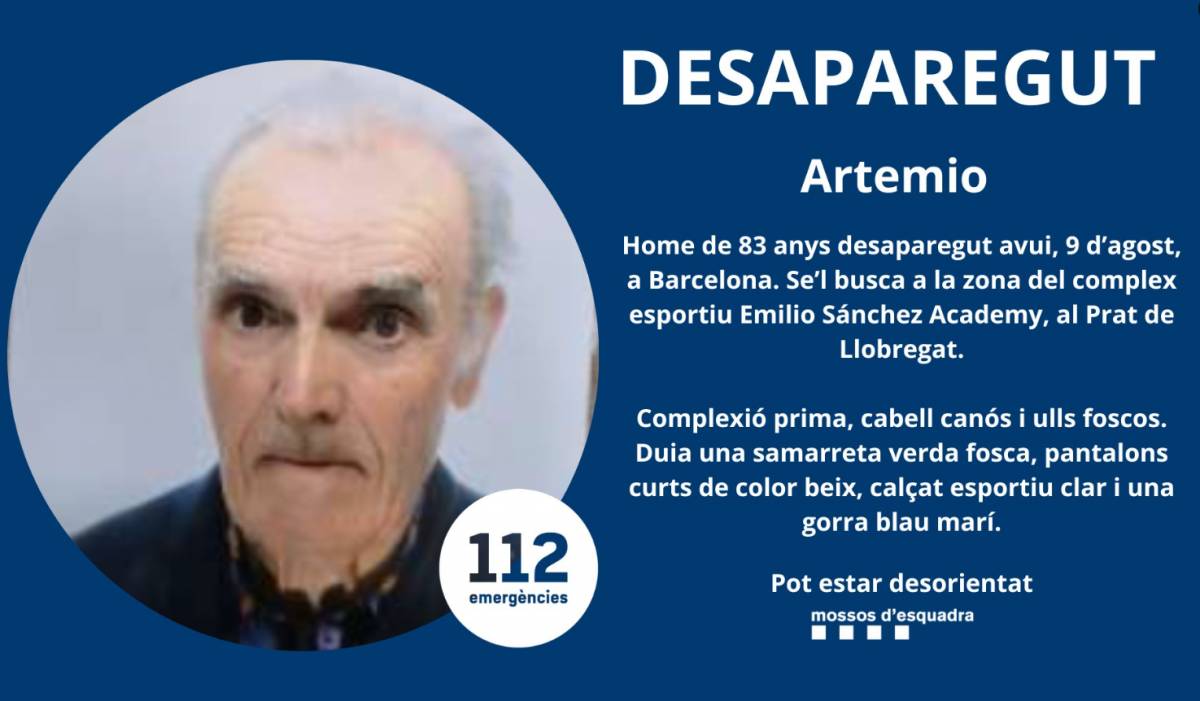 Els Mossos busquen un home de 83 anys desaparegut a Barcelona