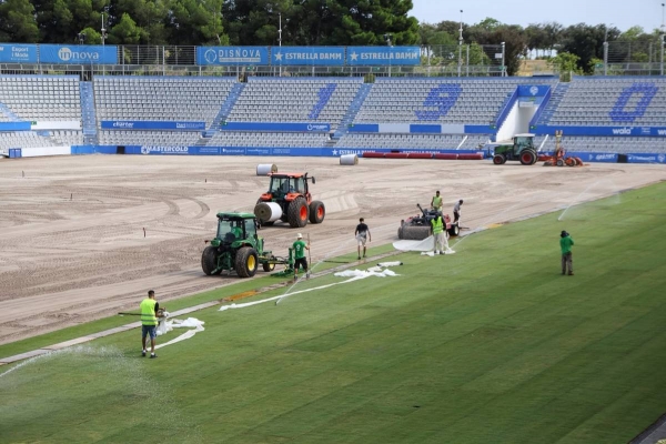 FOTOS | La Nova Creu Alta torna a tenir gespa: així avancen les obres a l'estadi