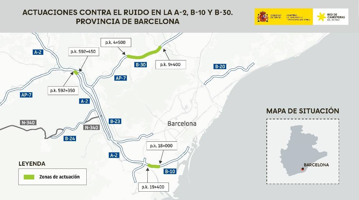 Mapa amb les actuacions previstes contra el soroll a les autopistes
