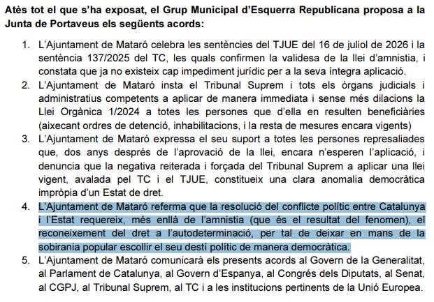 La moció a Mataró presentada per ERC i aprovada pel PSC
