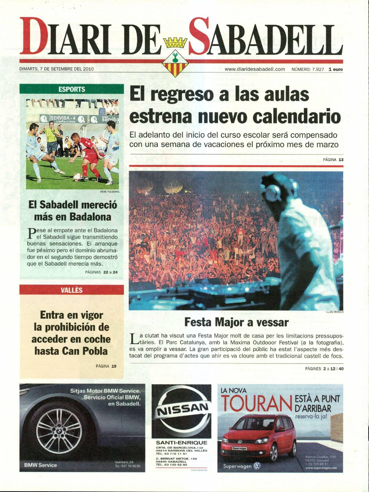 Portada del Diari de Sabadell - 7 de setembre de 2010