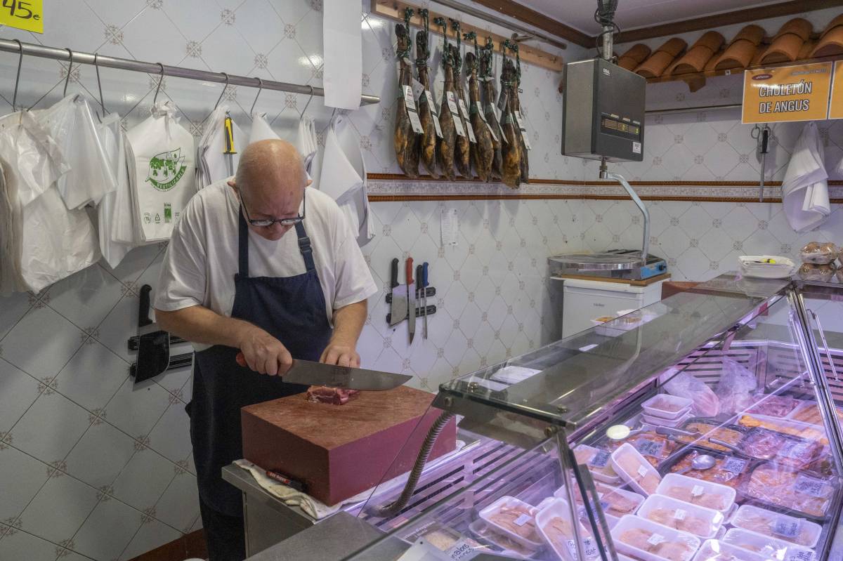 Un dependent de la botiga, en ple procés de tall - NEBRIDI ARÓZTEGUI Un dependent de la botiga, en ple procés de tall