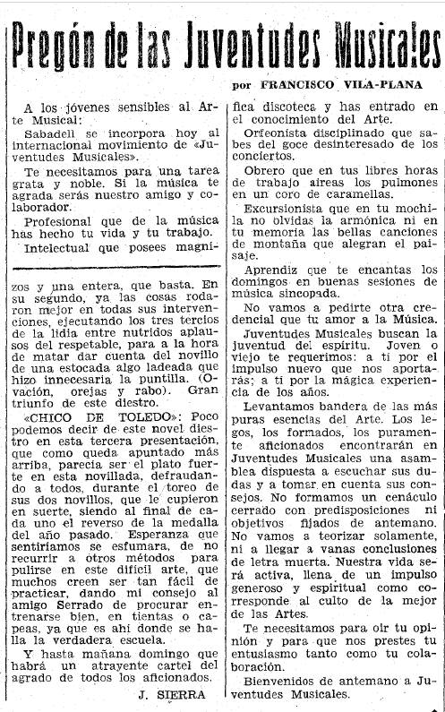 Pregó fundacional de Joventuts Musicals - Diari de Sabadell, 17 de març de 1956 Pregó fundacional de Joventuts Musicals