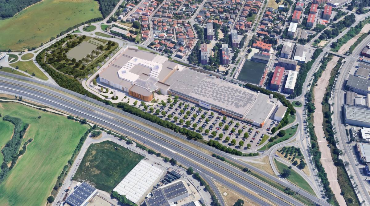 Rénder vertical de la situació del futur gran centre comercial de Can Parellada - Carrefour Property i Carmila