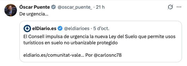A les xarxes socials, Puente combina els anuncis pomposos sobre Alacant amb els atacs reiterats al govern valencià - Xarxes Óscar Puente A les xarxes socials, Puente combina els anuncis pomposos sobre Alacant amb els atacs reiterats al govern valencià