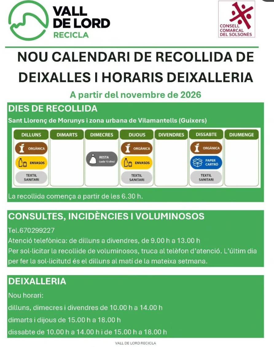 La Vall de Lord renova el servei de recollida de residus per avançar cap a un model més sostenible