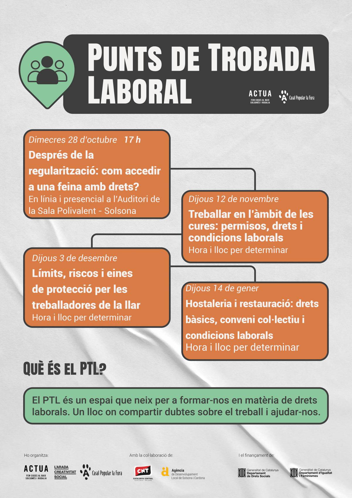 Espai de formació, suport i drets laborals: tornen els punts de trobada laborals organitzats per l'ACTUA