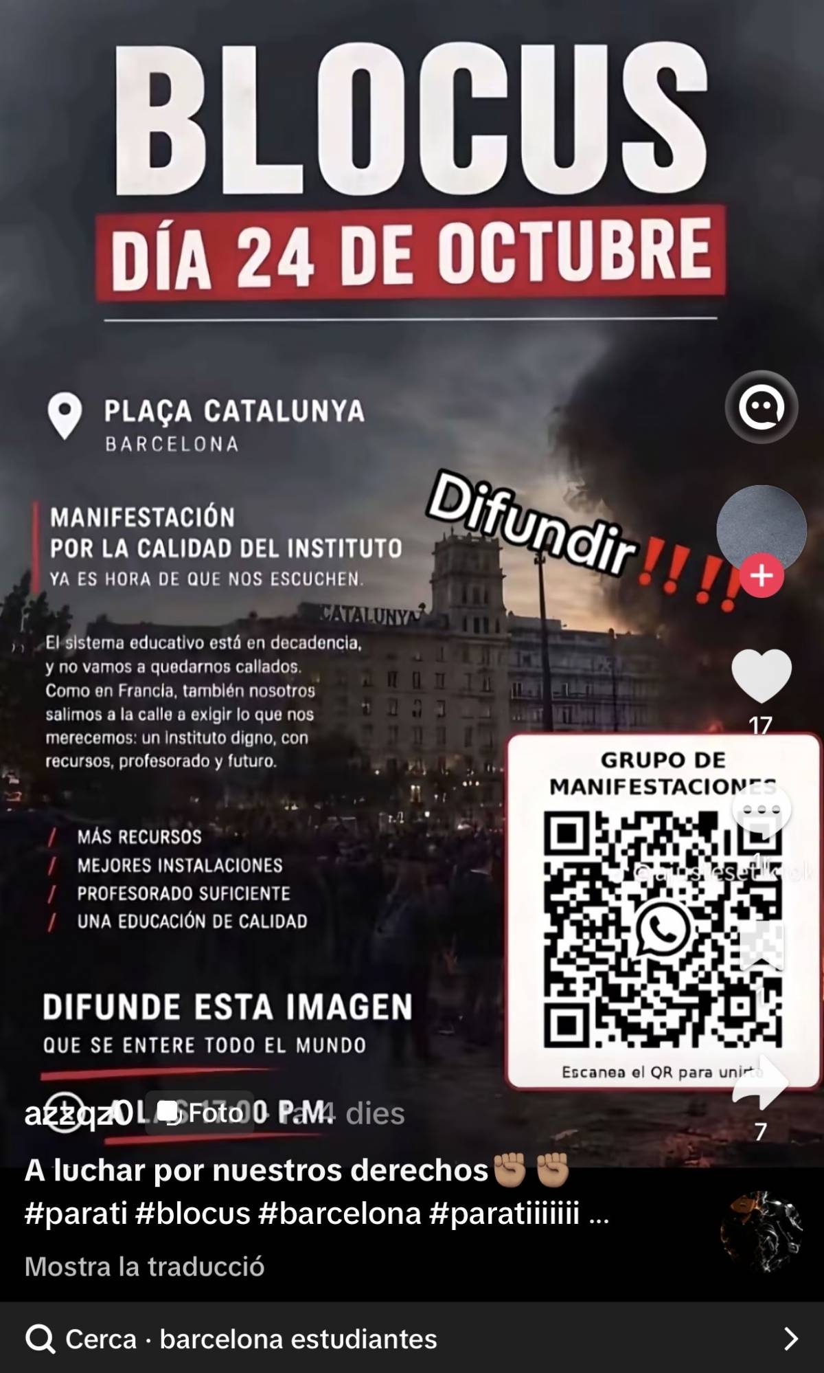Un dels cartells difosos a TikTok per informar de la mobilització a Barcelona
