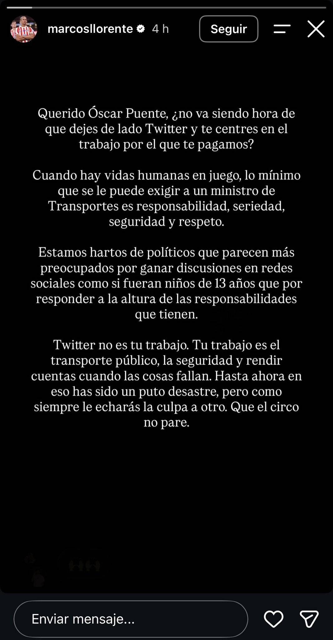 El text de Marcos Llorente a Instagram contra Óscar Puente